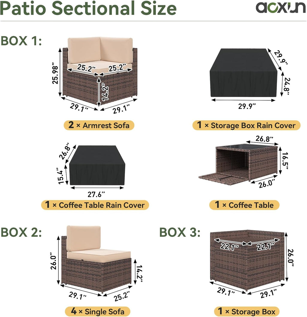 Aoxun 9 Piece Patio Furniture Set with 44' Fire Pit Table, Wicker Outdoor Furniture Set with Storage Box, Patio Sectional Set with Cushions and Waterproof Cover (Brown & Khaki)