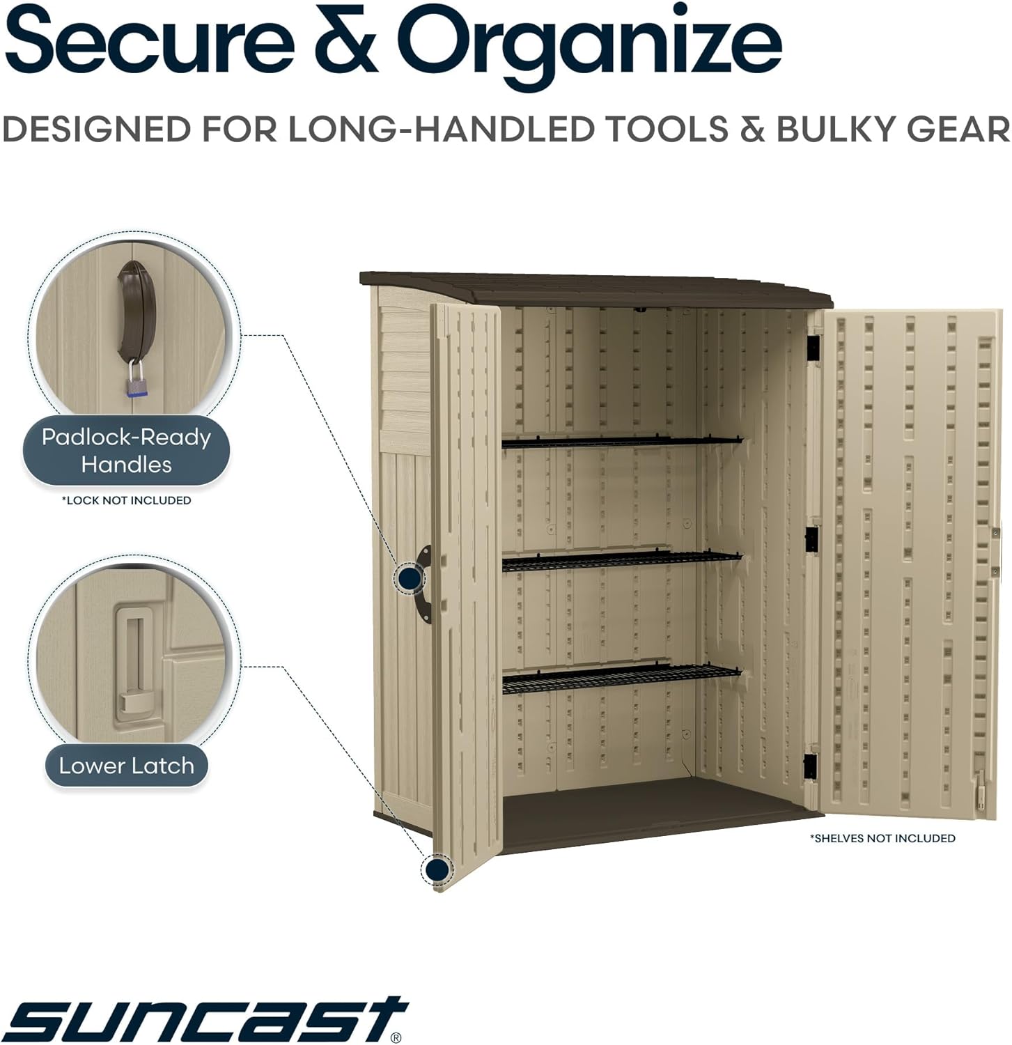 Suncast Outdoor Storage Shed, Water Resistant Resin Vertical Outdoor Storage Cabinet for Patio, Garden Tools, Cushions, & Equipment, Weatherproof Multi-Wall Design, 54 cu. ft., Made in USA