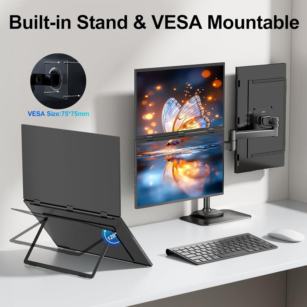 Dual Portable Monitor, 18.5' 1080P FHD IPS Folding Stacked Triple Laptop Screen Extender, USB-C Plug & Play Travel Extended Computer Display for Laptop PC Windows Mac w/Stand & VESA Mountable