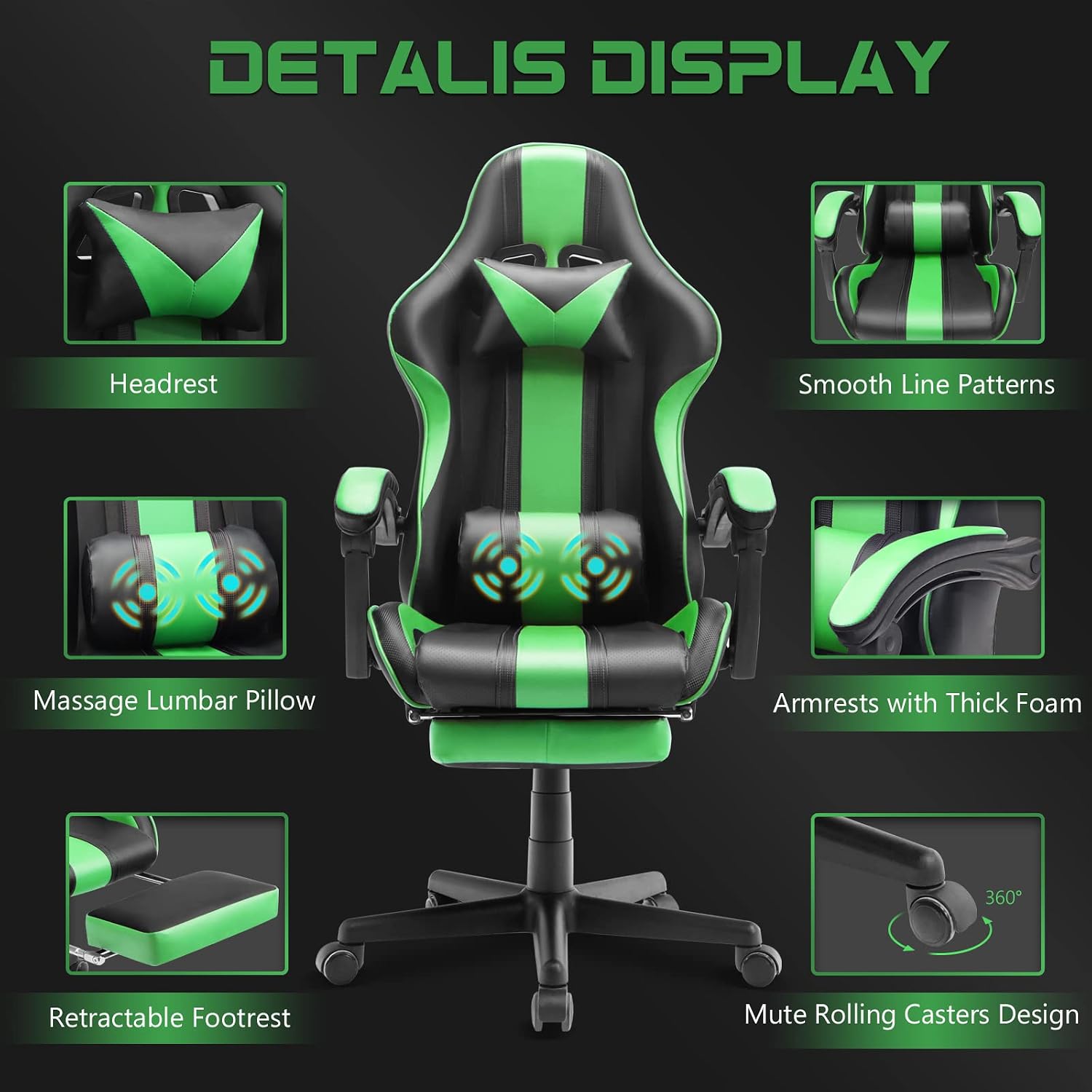 Ferghana Gaming Chairs, Ergonomic Racing Style PC Game Computer Chair with Headrest Lumbar Support Adjustable Recliner PU Leather Video Computer Chair(Grass Green)