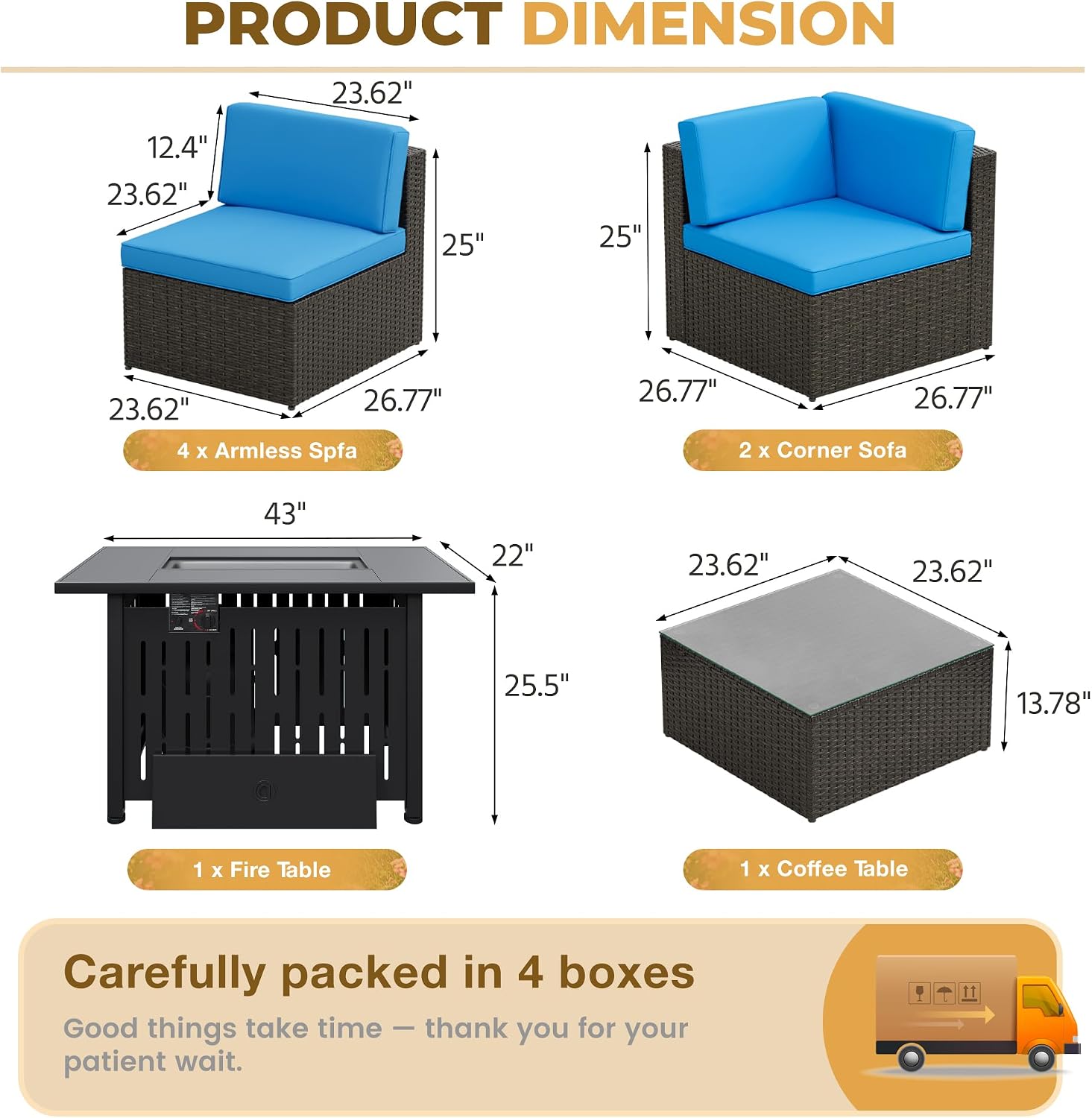 Flamaker 8 Pieces Patio Furniture Set with Fire Pit Table Outdoor Sectional Patio Sofa Furniture Set with Gas Fire Pit and Coffee Table & Ottoman Cushion Pillows, Blue