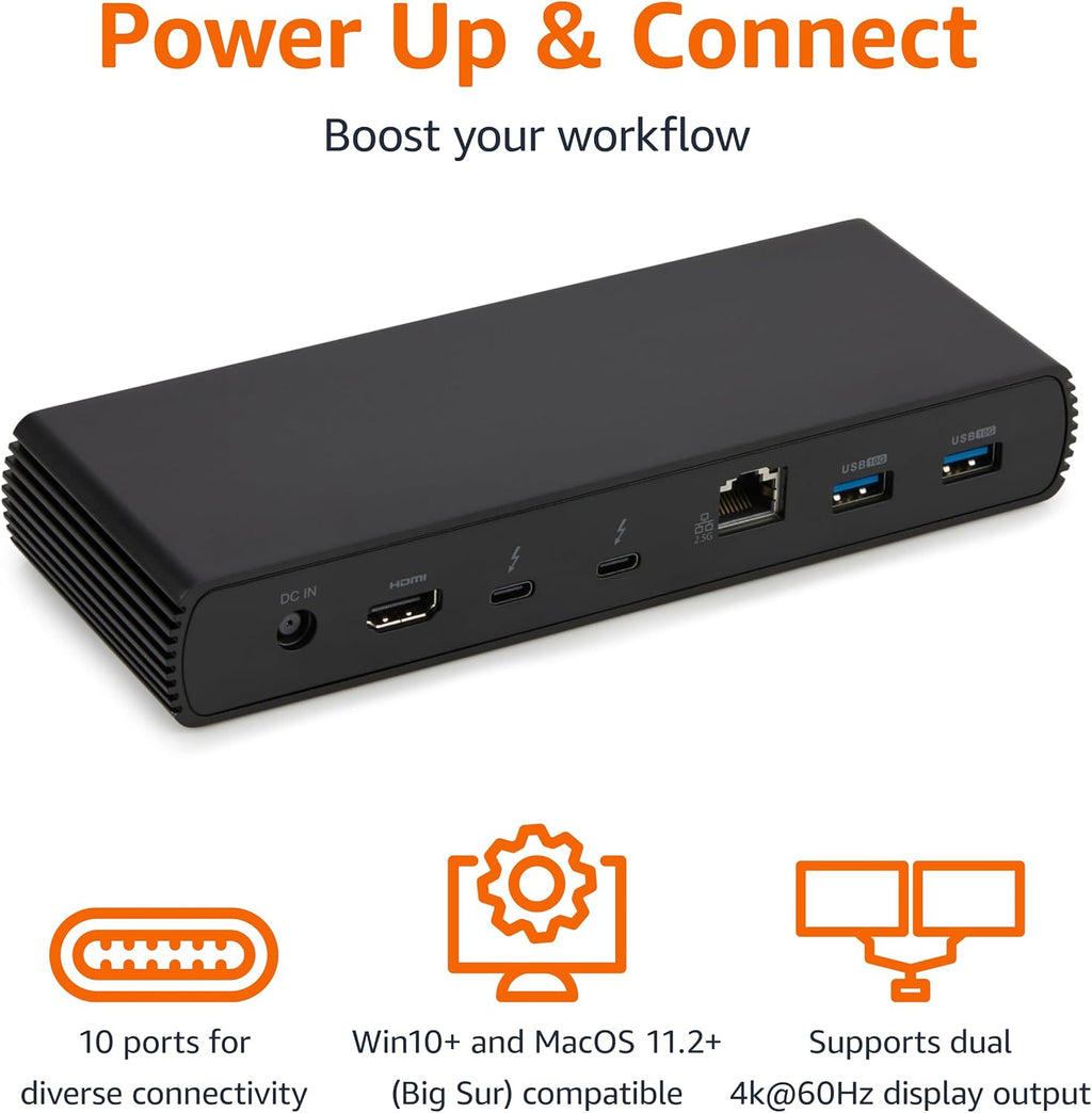 Amazon Basics Thunderbolt 4 Pro Docking Station, Dual 4K Monitor Support, 8K Display, 2xTBT4, 1xHDMI2.1, 3xUSB A 3.1, RJ45 Ethernet, Black, 7.86 x 2.95 x 1.23 inches