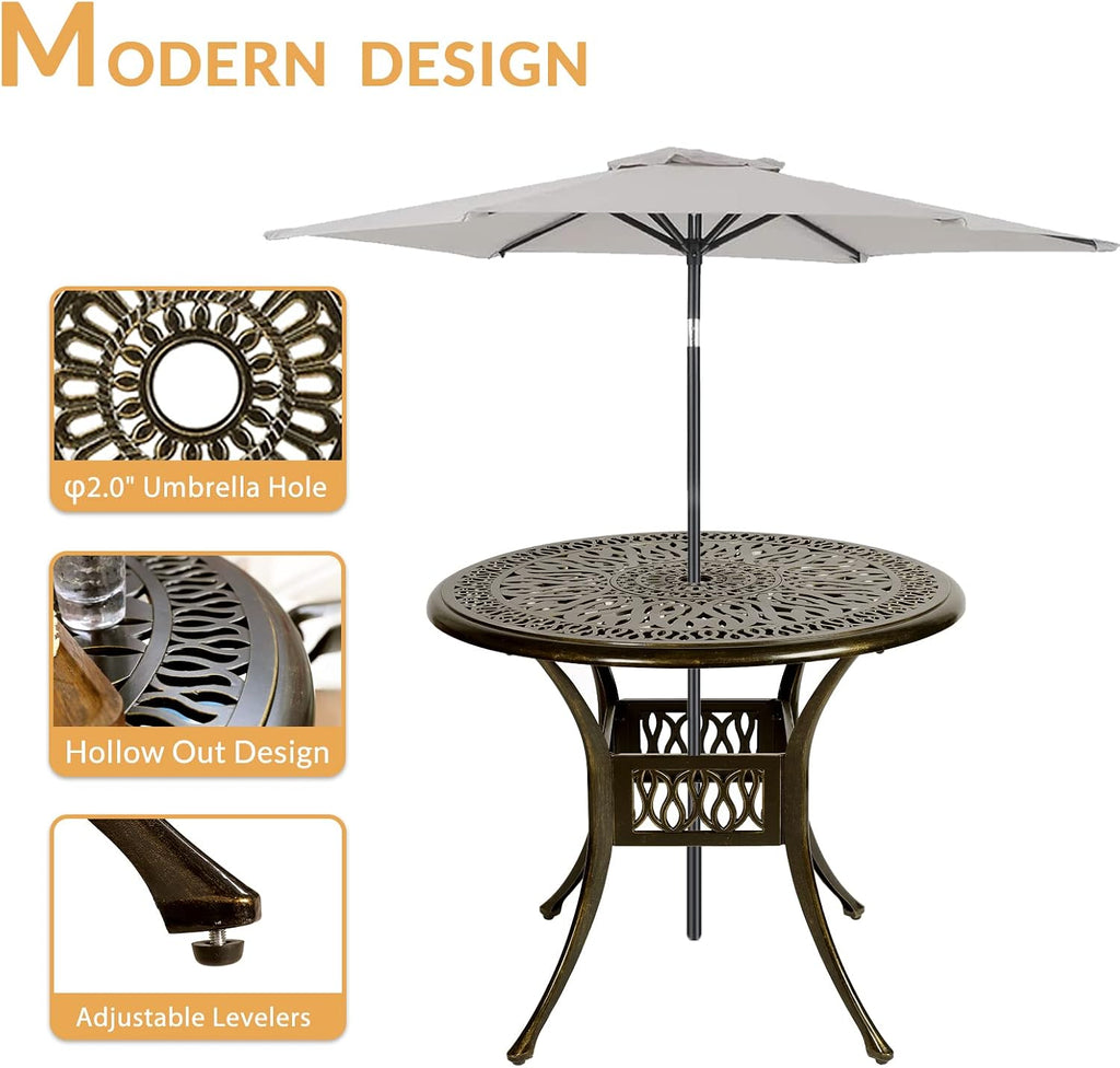 5-Piece Outdoor Patio Dining Set, All-Weather Cast Aluminum Patio Furniture Set with 4 Chairs and 35.4' Round Table for Backyard Garden Deck, 2' Umbrella Hole