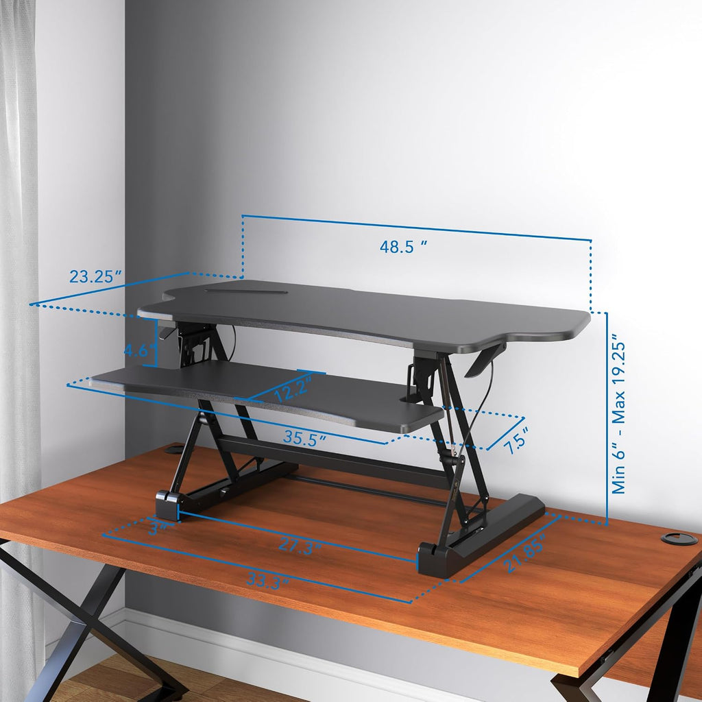 Mount-It! Standing Desk Converter, 48' Wide Sit Stand Desk Riser with Dual Gas Spring Handles, Height Adjustable from 6'–19.25', Extra Large Tabletop for 2 Monitors, Keyboard Tray & Device Slot, Black