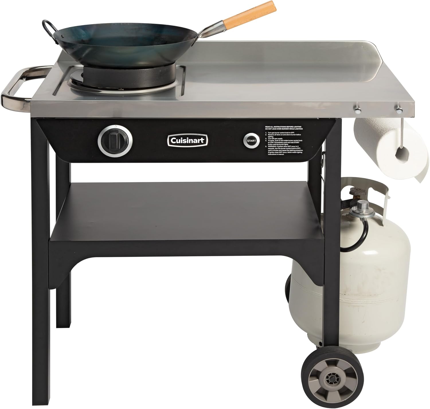 Cuisinart Outdoor Wok Station, 50,000 BTU Propane Outdoor Wok Burner with Prep Table, 14' Carbon Steel Fry Pan, Stainless Steel Side Table, Storage, Outdoor Cooking Station for Stir Fry, Searing, BBQ
