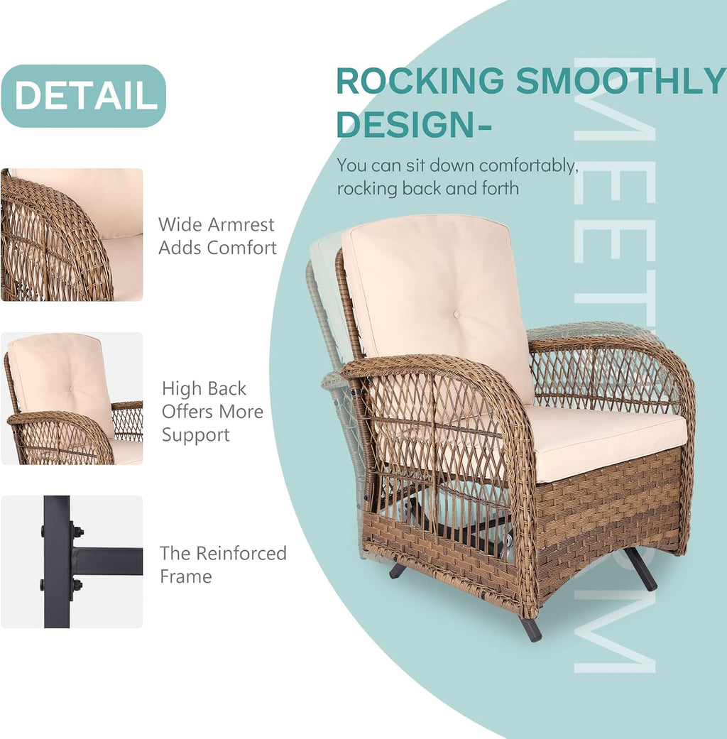 MEETWARM Patio Wicker Rocking Glider Set, All-Weather Outdoor Rattan Patio Rocking Chairs of 2, Patio Conversation Set with Thickened Cushions for Porch Garden & Backyard, Brown