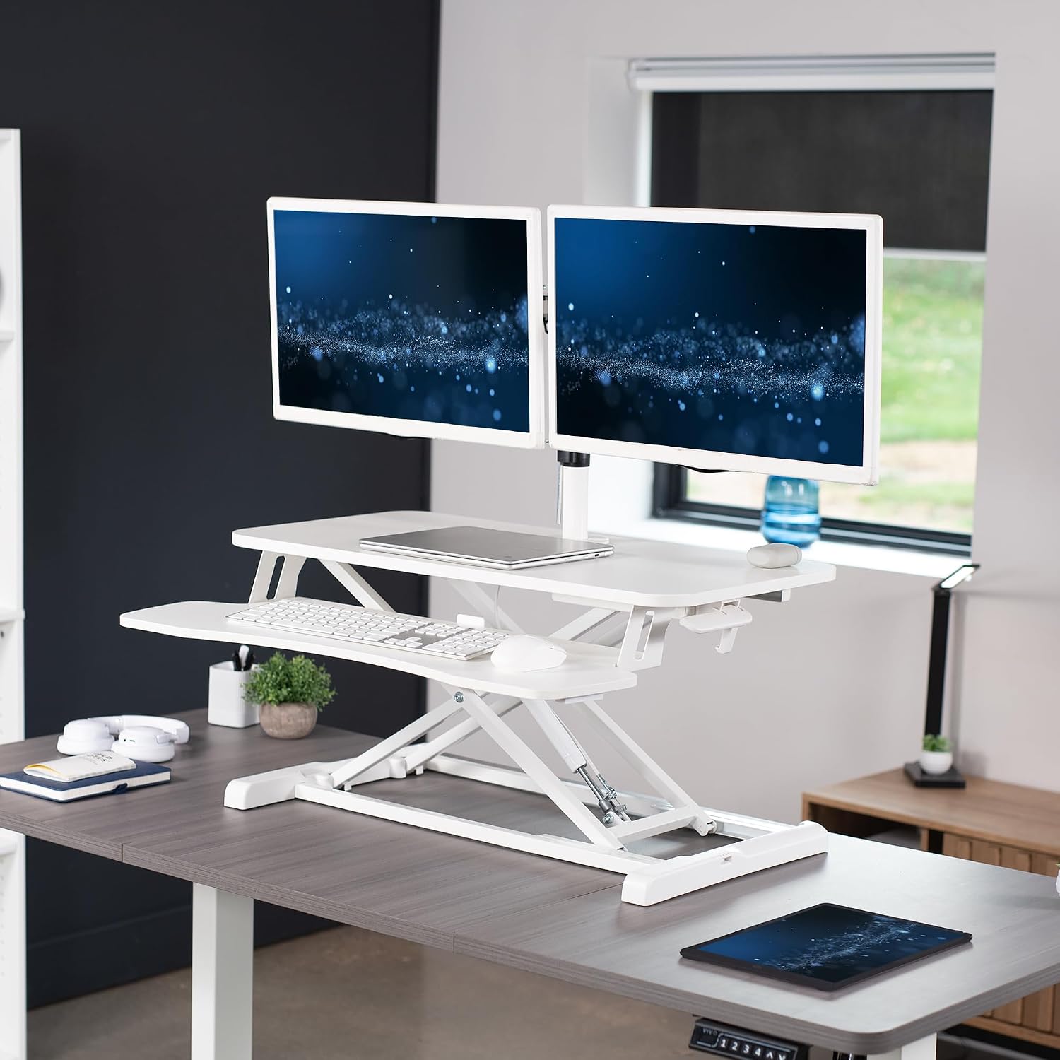 VIVO Height Adjustable 32 inch Standing Desk Converter with Dual 13 to 30 inch Monitor Stand, Sit Stand Monitor Mount and Desk Riser, White, DESK-V000K-M2W