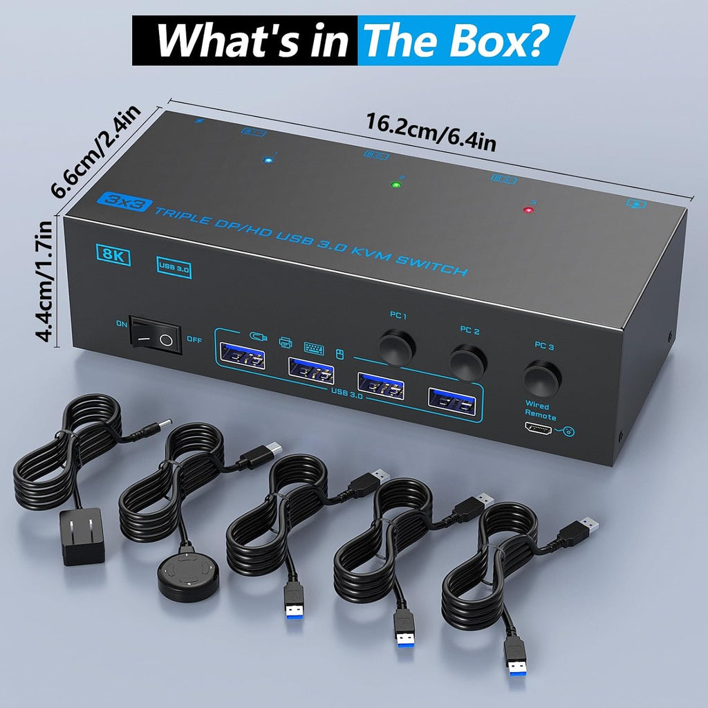 KVM Switch 3 Monitors 3 Computers, ANXQQ 8K@60Hz 4K@144Hz Triple Monitor KVM, HDMI + Displayport KVM Switch with 4 USB 3.0 Ports, 3 Monitor KVM with Power Adapter and Wired Remote