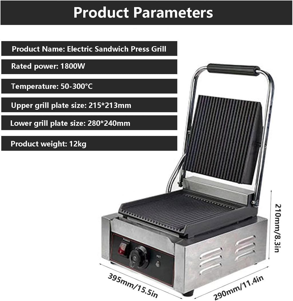 Commercial Sandwich Grill, Contact Grill Single-plate Platen Grill Countertop Sandwich Press W/Tempe Control 50-300℃,for Home Or Restaurant Use (Grooved)