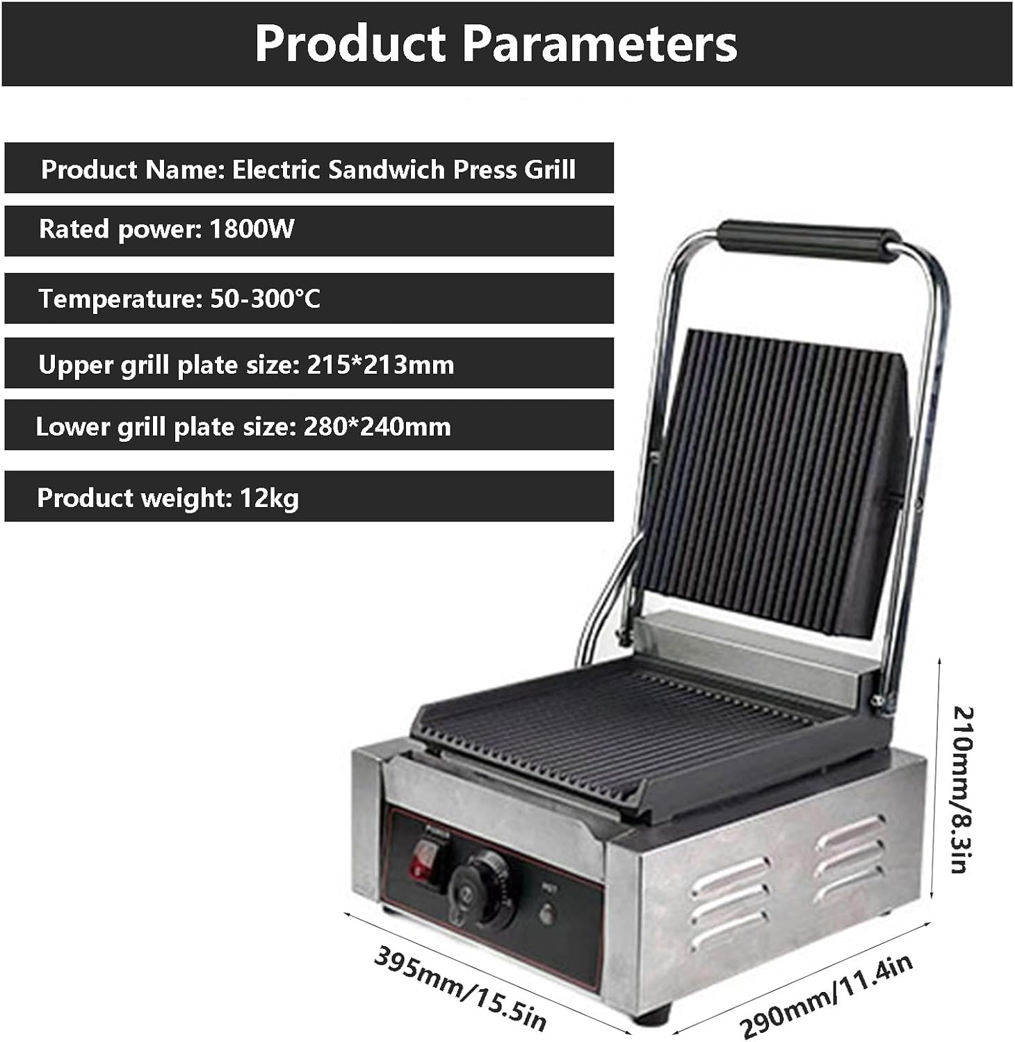 Commercial Sandwich Grill, Contact Grill Single-plate Platen Grill Countertop Sandwich Press W/Tempe Control 50-300℃,for Home Or Restaurant Use (Grooved)