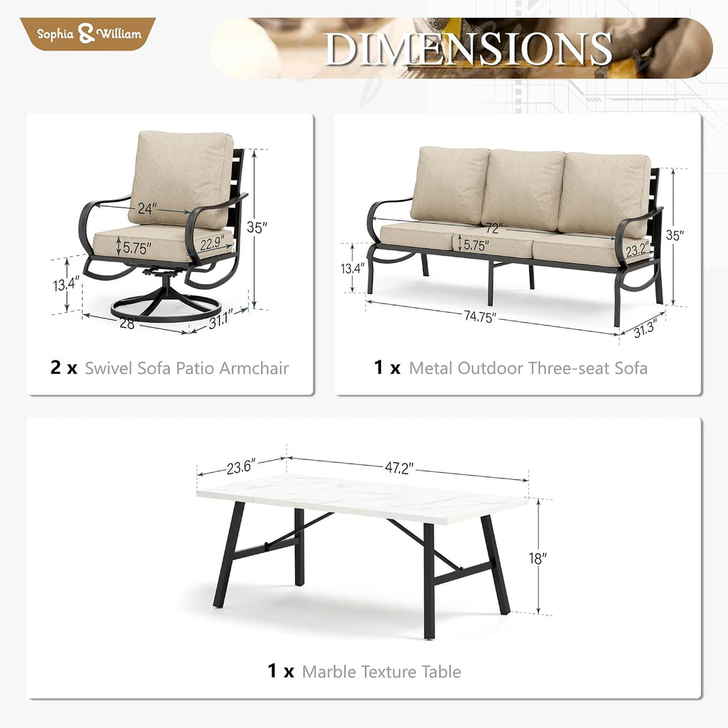Sophia & William Patio Furniture Sets 5 Seats Outdoor Metal Conversation Sets 4 Pcs with 2 x Cushioned Swivel Sofa Chairs,1 x 3-Seat Sofa, 1x Marbling Metal Coffee Table Lawn Backyard Poolside Beige