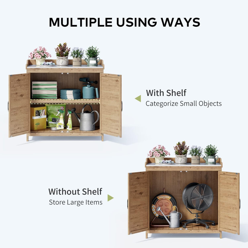 Gizoon Outdoor Potting Bench with Metal Tabletop, Outdoor Garden Patio Wooden Storage Cabinet with Adjustable Shelf, Double Doors Garden Work Bench for Backyard, Patio, Lawn - Natural
