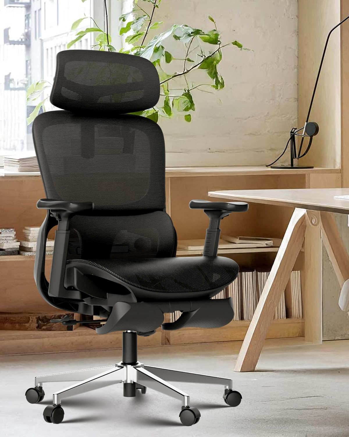Hbada P2 Ergonomic Office Chair, Office Chair with 3D Lumbar Support, Mesh Chairs with 3D 360° Rotation Arm & 3D Headrest, 135° Stepless Tilt Function, Black(with Footrest)