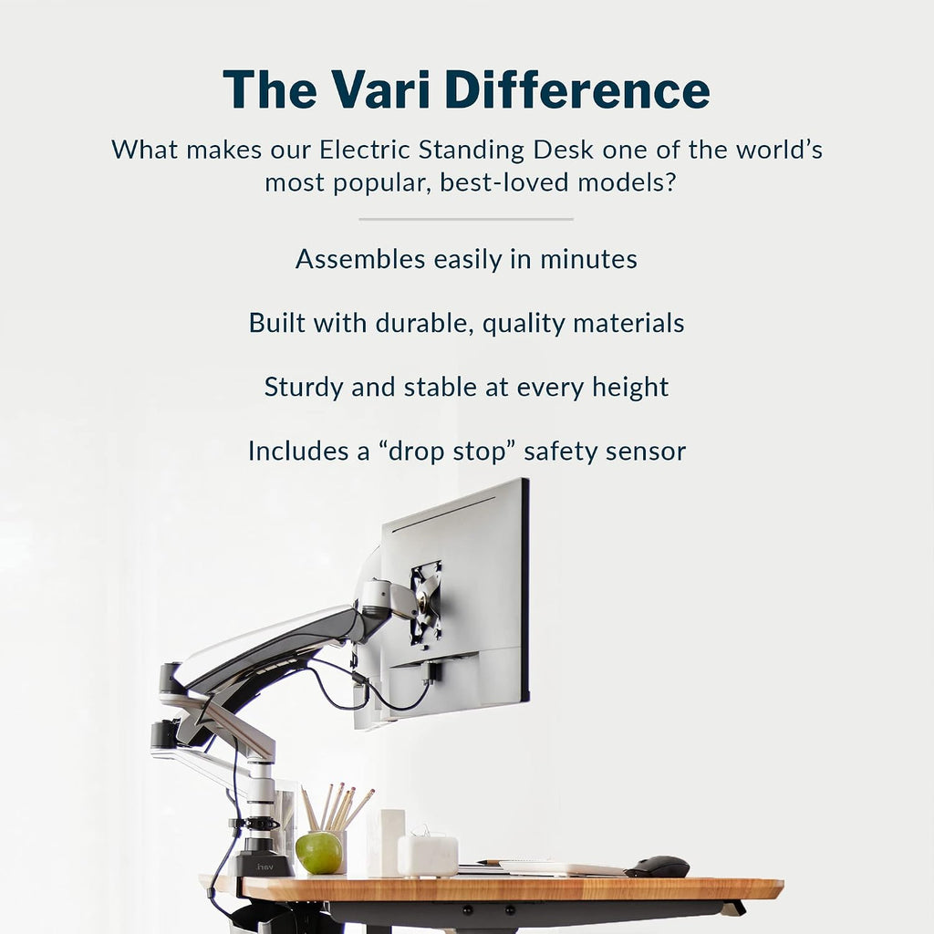 Vari Classic Electric Standing Desk - VariDesk Height Adjustable Sit/Stand Desk - Dual Motor with Memory Presets, Stable Legs - Gaming, Home Office Workstation - 72x30 (Butcher Block/Slate Legs)