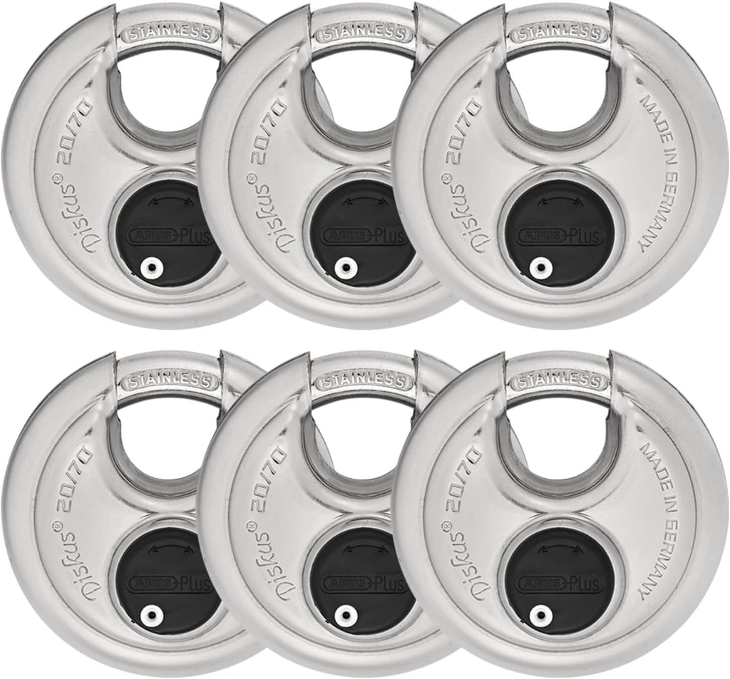 ABUS - Diskus 20/70 Padlock with Key - 6 Pack (2.75') 70mm - Heavy Duty Stainless Steel - Cut, Rust & Drill Resistant - Storage & Outdoor - Pad Lock with 2 Keys (Keyed Different) - Home Security