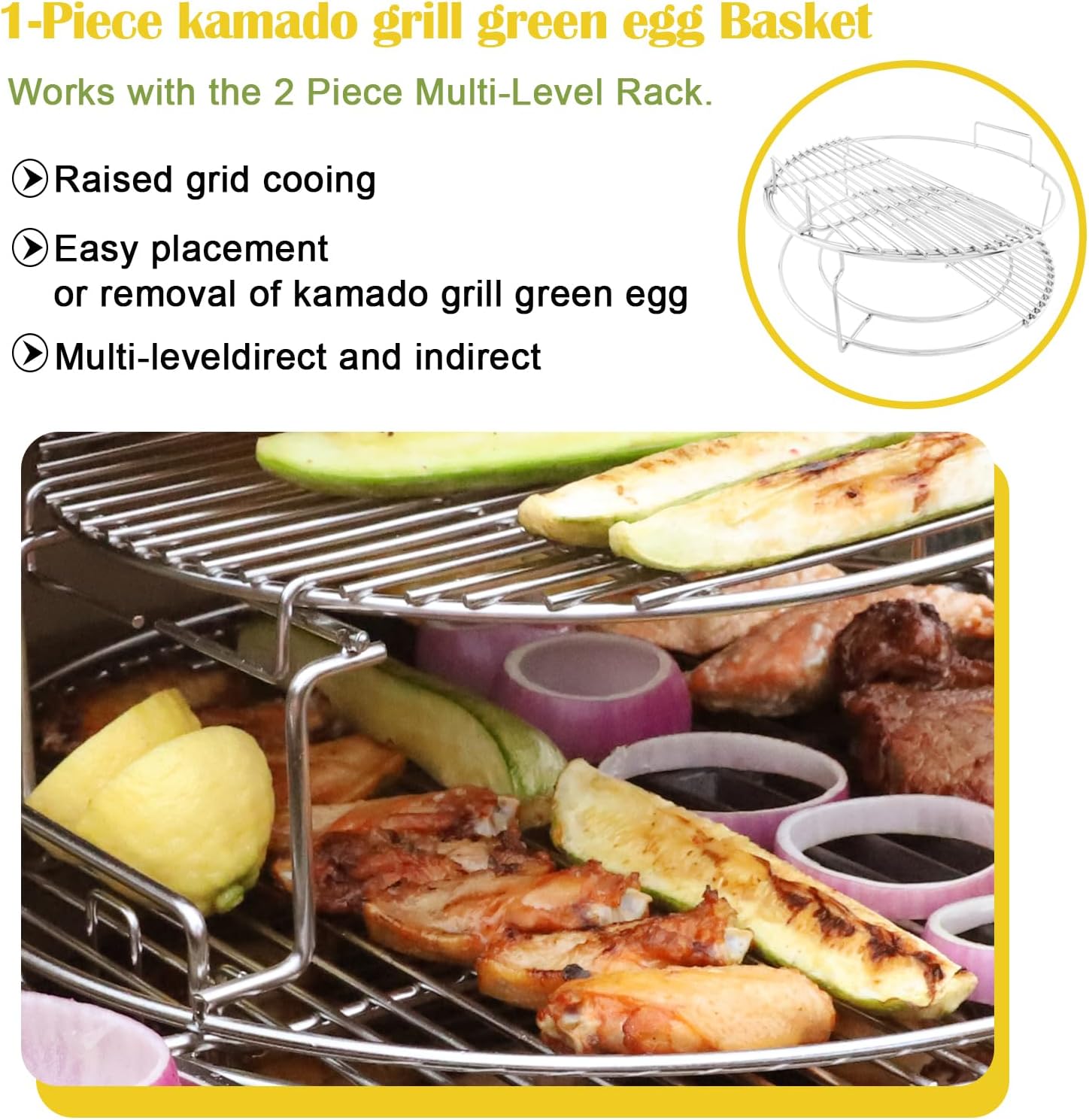 3 Tier 5 Piece Replacement Kit for Large Big Green Egg Accessories,Stainless Steel Grill Stack Rack with Removable Cooking System,BBQ Grill Basket Grill Expander Rack Ultimate Set Fit L BGE