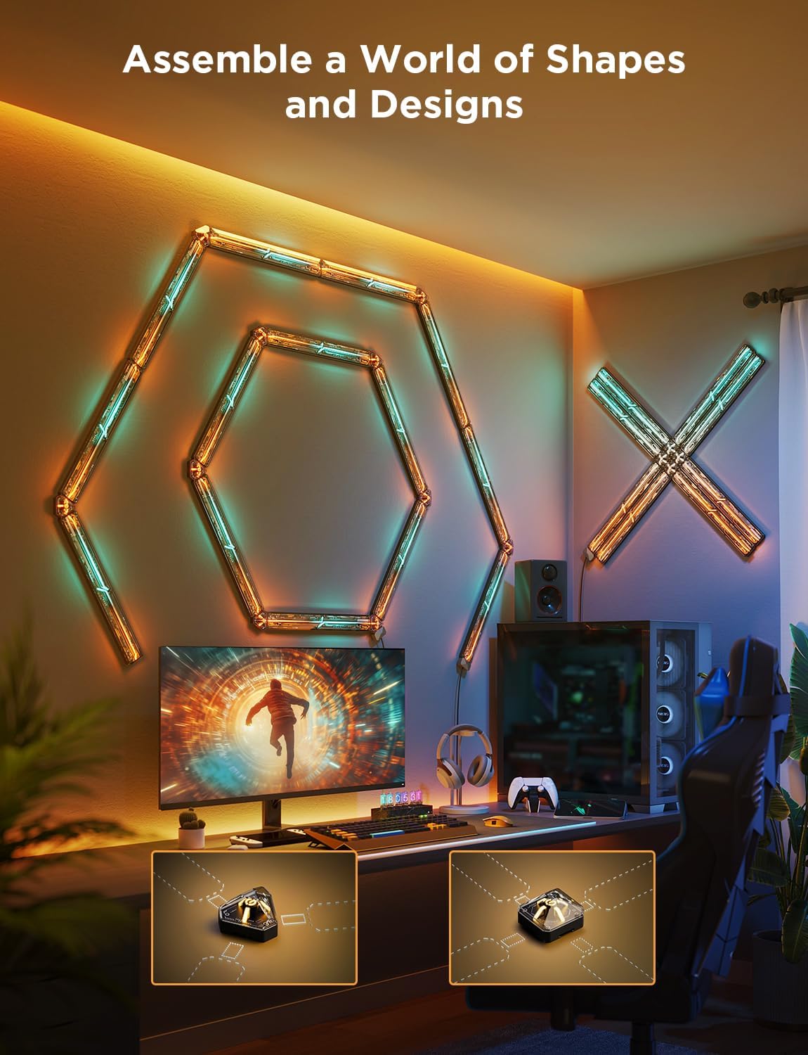 Govee Gaming Wall Light, RGBIC Glide Wall Light, Work with Matter, Alexa and Google Assistant, DIY Customized LED Wall Lighting Effects and Shapes, Gaming Lights for Gaming Room