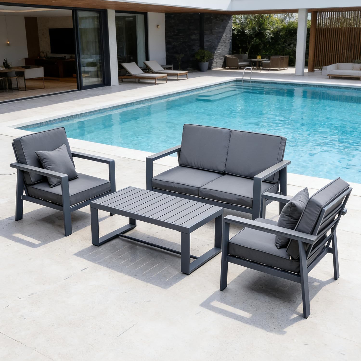 Aluminum Patio Furniture Set, Modern Metal Outdoor Conversation Sectional Sofa with Washable Thick Cushions, Coffee Table and Waterproof Cover (Grey, 1088-4seat)