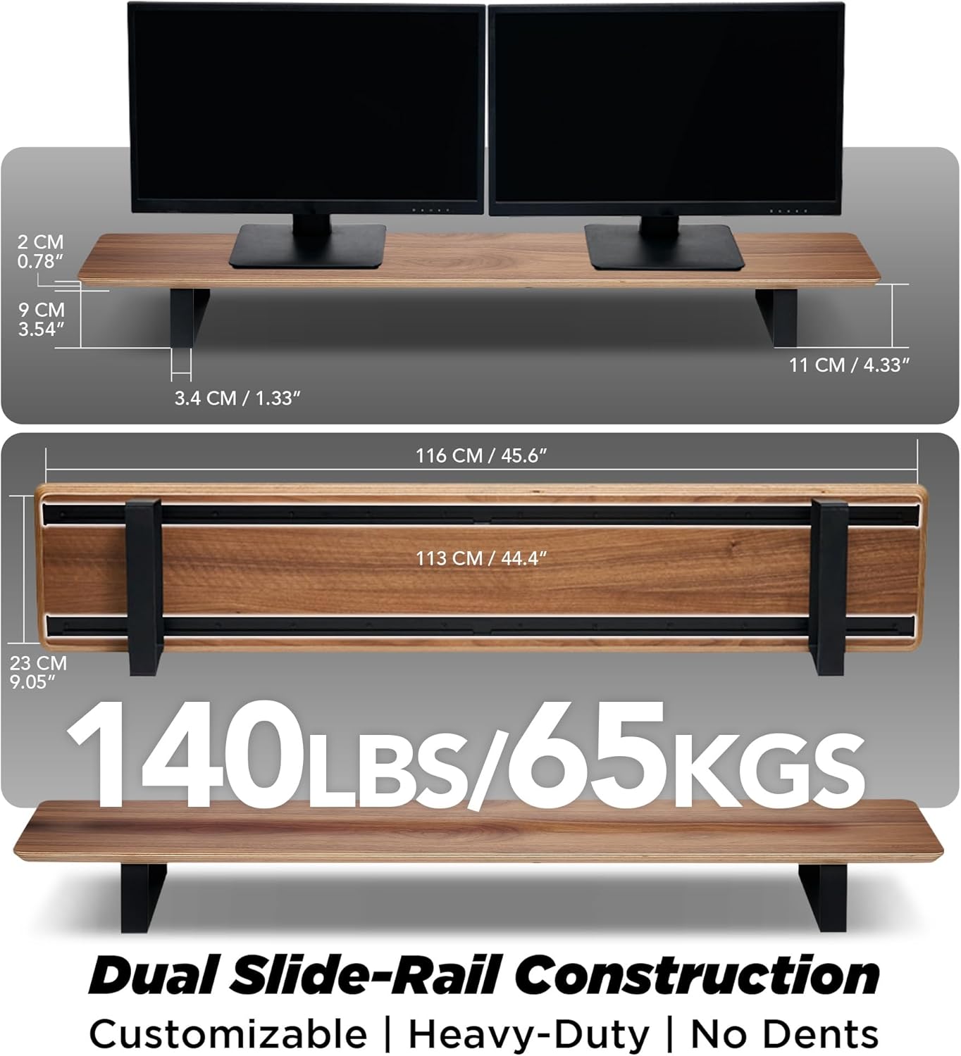 ULTRARM Moodular Wooden Monitor Stand 45.6' (116cm) Large Desk Organizer with Metal Slide Rails for Drawer, Tray, Laptop, Tablet, Phone & Headphones Customizable Riser for Organized Workspace Walnut