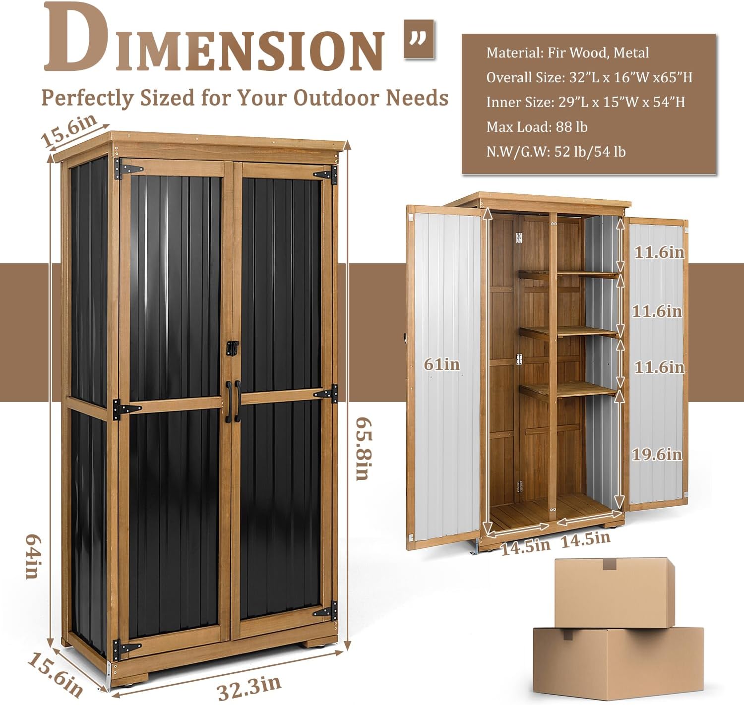 PetsCosset Outdoor Storage Cabinet, Wood & Metal Storage Shed with Weather-Resistant Roof, Removable Shelves, Lockable Doors, Outside Storage Tool Organizer for Garden, Patio, Backyard, Garage, Pool