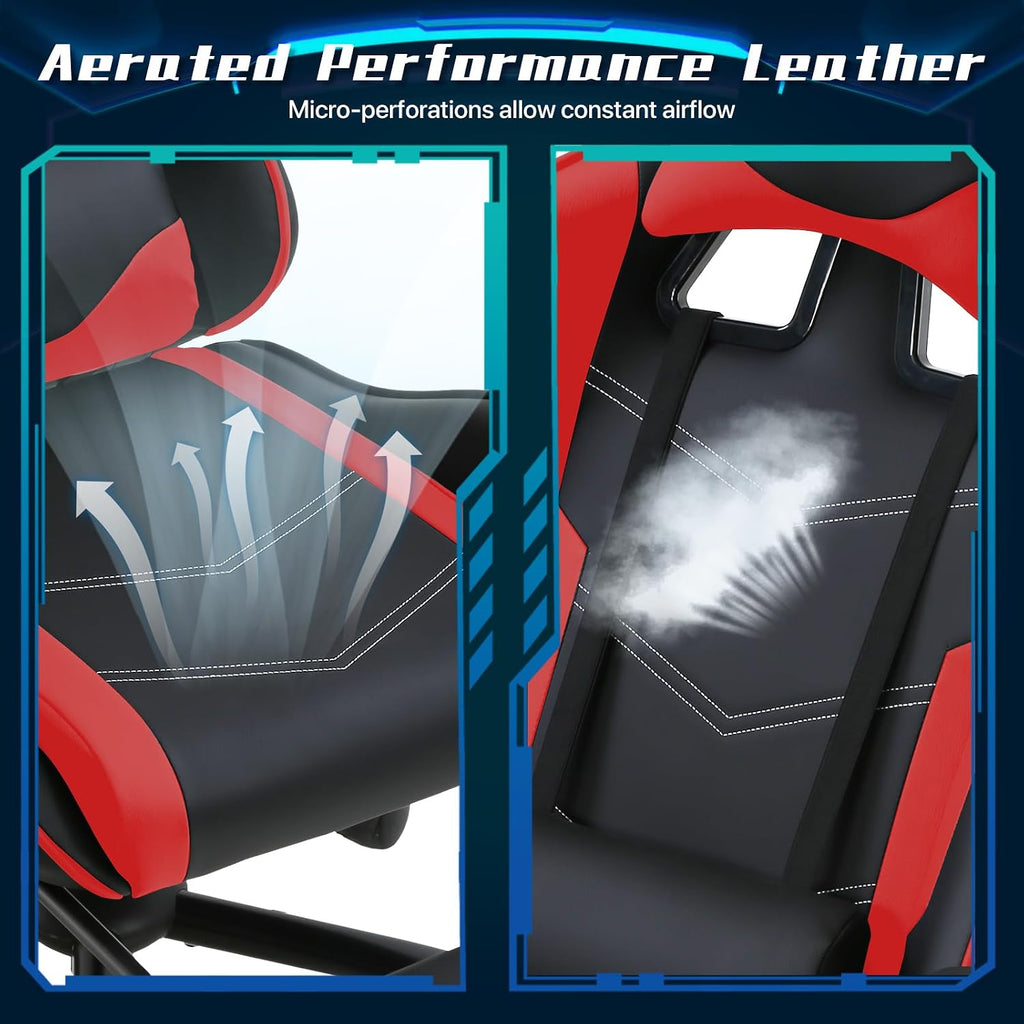 Ergonomic Gaming Chair with Footrest, High Back PU Leather Office Desk Chair for Adults Teens, Rolling Swivel Computer Chair (Red)