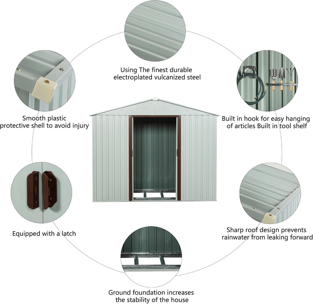 Favfurish 8 x 4 FT Outdoor Storage Shed with Side Window, Metal Garden Shed w/Sliding Doors & Lock, Floor Base and Air Vents, Utility Tool Storage House for Backyard Lawn, White
