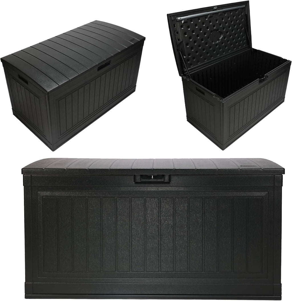 Suncast 80-Gal. Resin Large Outdoor Patio Deck Box with Pad-Lockable Lid, Modern Outdoor Patio Bench/Storage Box for Cushions, Garden Tools, and More, Iron Ore