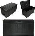 Suncast 80-Gal. Resin Large Outdoor Patio Deck Box with Pad-Lockable Lid, Modern Outdoor Patio Bench/Storage Box for Cushions, Garden Tools, and More, Iron Ore