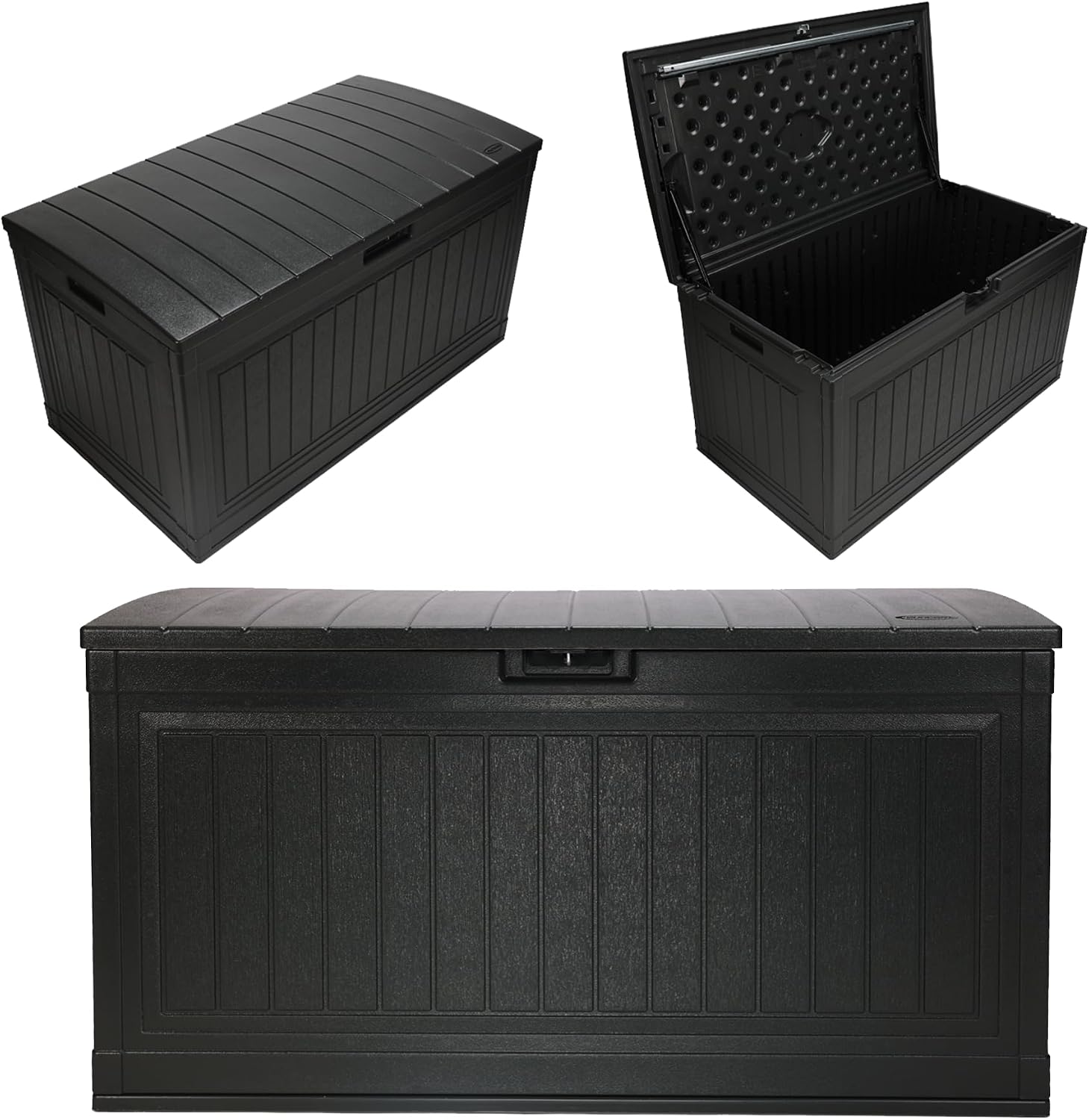 Suncast 80-Gal. Resin Large Outdoor Patio Deck Box with Pad-Lockable Lid, Modern Outdoor Patio Bench/Storage Box for Cushions, Garden Tools, and More, Iron Ore