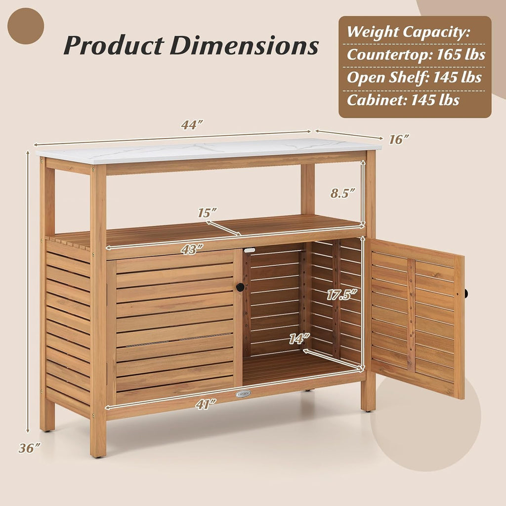 Goplus Patio Storage Cabinet, Outdoor Acacia Wood Buffet Cabinet with Marble-Like Countertop, Open Shelf & 2 Doors, Sideboard Organizer for Outdoor Kitchen, Garden, Backyard