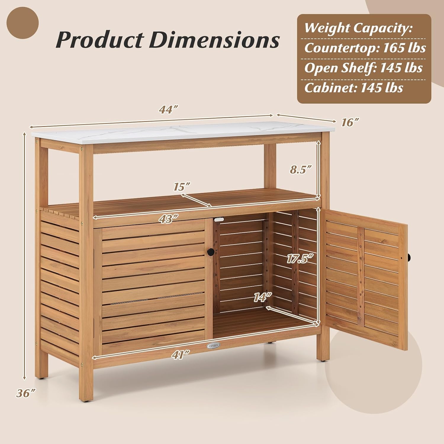 Goplus Patio Storage Cabinet, Outdoor Acacia Wood Buffet Cabinet with Marble-Like Countertop, Open Shelf & 2 Doors, Sideboard Organizer for Outdoor Kitchen, Garden, Backyard