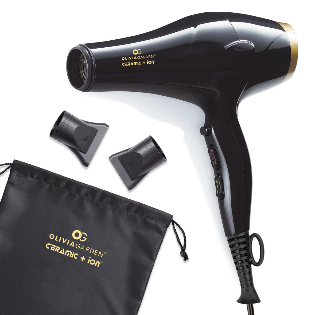 Olivia Garden 1875W Ceramic + Ion Professional Hair Dryer for Men and Women - Fast Drying Blow Dryer - Powerful Ionic Generator - 3 Heat Settings - With 2 Nozzles and Storage Bag
