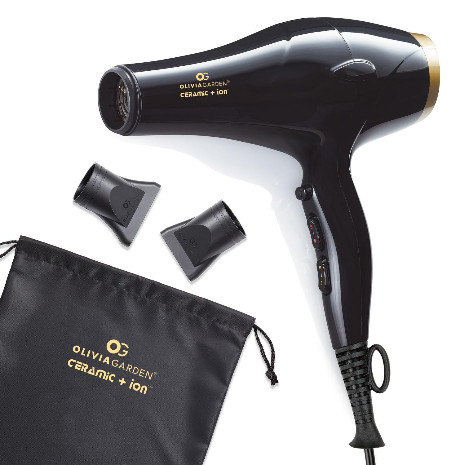 Olivia Garden 1875W Ceramic + Ion Professional Hair Dryer for Men and Women - Fast Drying Blow Dryer - Powerful Ionic Generator - 3 Heat Settings - With 2 Nozzles and Storage Bag