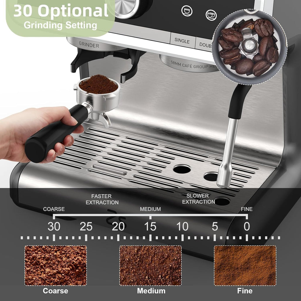 Espresso Machine with Built-in Grinder & Milk Frother, 15 Bar Semi-Automatic Coffee Maker with Steam Wand, 2.5l Water Tank, Italian Pump System, Stainless Steel Construction