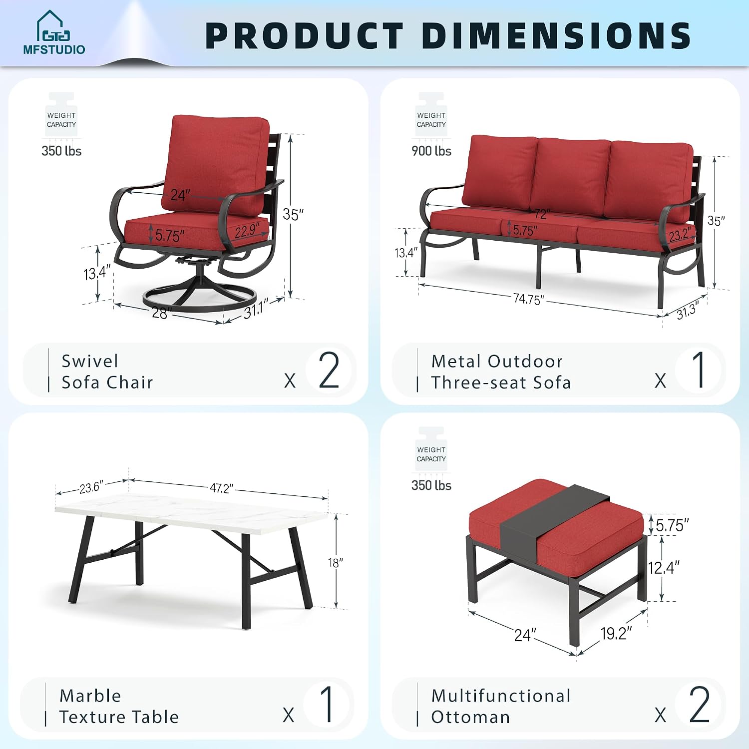 MFSTUDIO 6 Pieces Metal Patio Furniture Sets, 2 Swivel Chair, 1 Deep Seating 3-Seat Sofa, 2 Ottoman & 1 Marbling Coffee Table, All Weather 7 Seats Outdoor Conversation Set for Garden, Burgundy Red