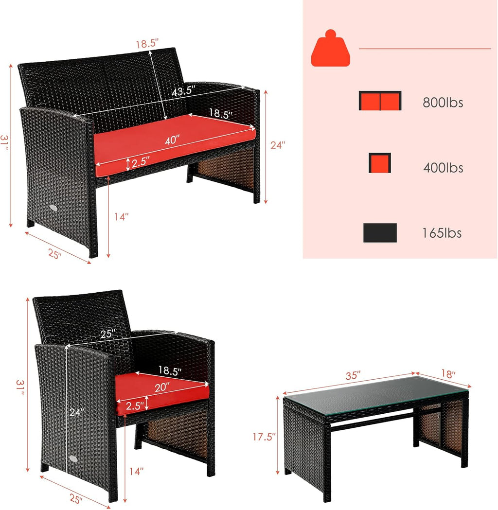Tangkula 4 Pieces Rattan Furniture Set, Outdoor Conversation Set w/Chair & Loveseat & Tempered Glass Coffee Table, Suitable for Garden, Backyard, Poolside, Patio Furniture Set for 4 (1, Red)