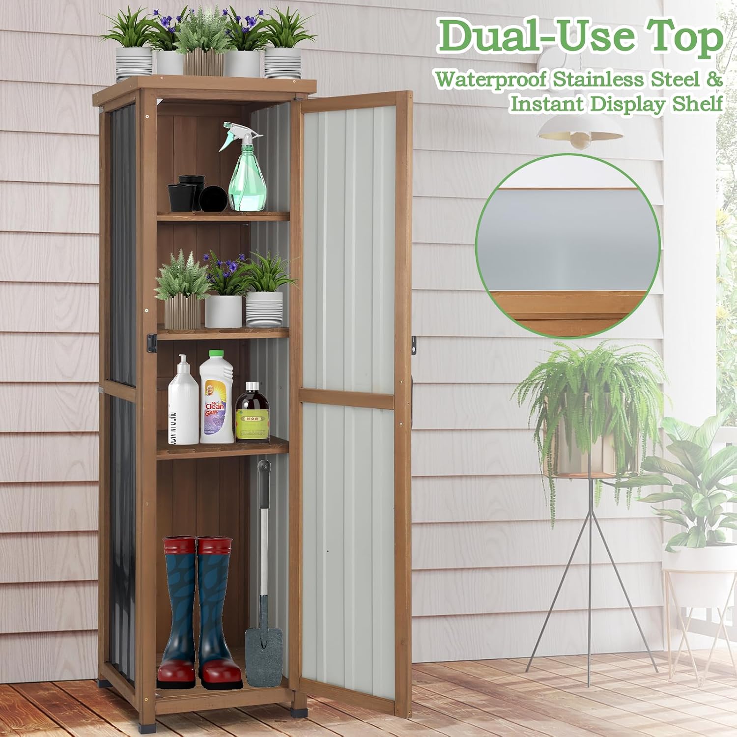 62' H Outdoor Corner Storage Cabinet with Lockable Doors, Outdoor Indoor Small Storage Cabinet with Metal Top, 3 Adjustable Shelves for Patio, Porch, Entryway or Small Spaces