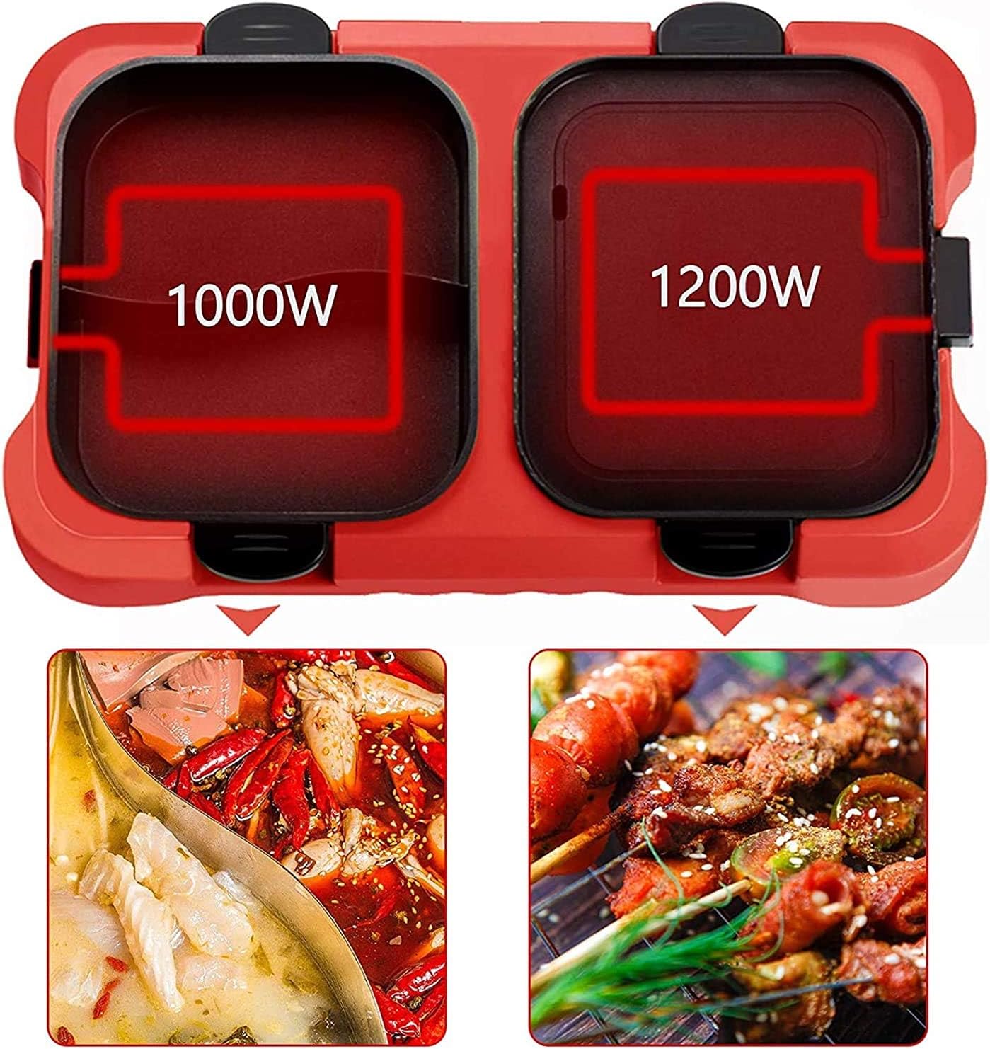 Electric Grill And Hot Pot,Fast Heat Hot Pot,Smokeless BBQ Grill Non-Stick Pan,Separate Dual Temperature Control,for 2-12 People,Red (Color : Red)