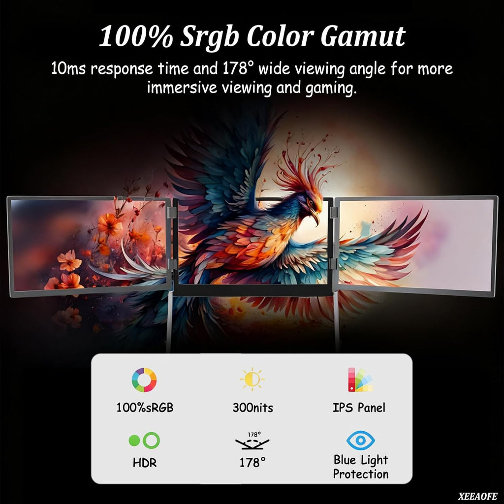 Foldable 15.6' Triple Monitor for Laptop, 1080p FHD Tri-Fold Screen Extender, Portable Extended Display with 178° Adjustable Viewing Angles for Enhanced Productivity