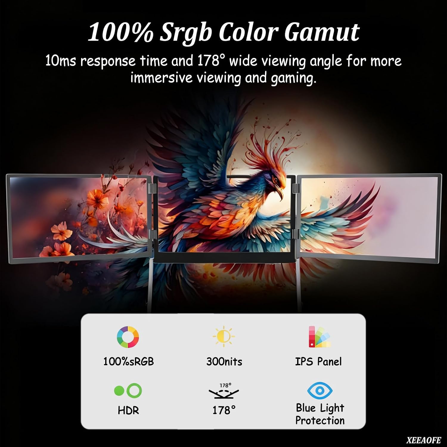 Foldable 15.6' Triple Monitor for Laptop, 1080p FHD Tri-Fold Screen Extender, Portable Extended Display with 178° Adjustable Viewing Angles for Enhanced Productivity