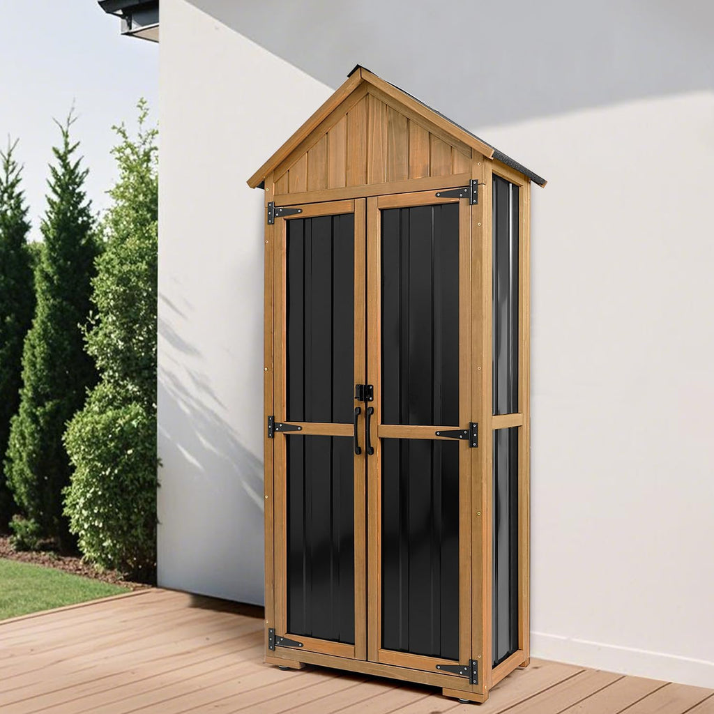 PetsCosset Outdoor Storage Cabinet Waterproof, Outdoor Storage Shed with Shelves, Wood & Metal Patio Backyard Garden Storage Cabinet Tool Organizer for Outside