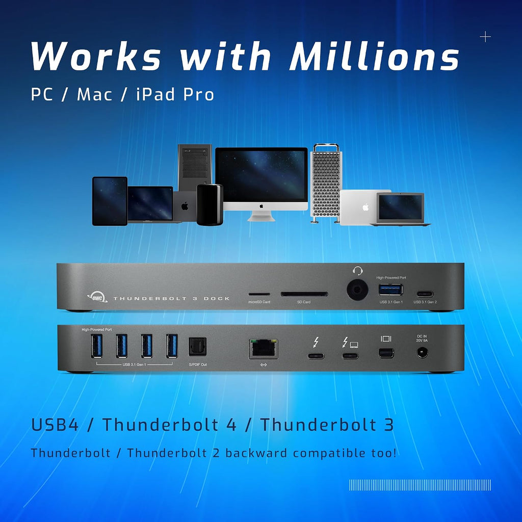 OWC 14-Port Thunderbolt Dock, 85W charging, (2) Thunderbolt 40 Gb/s (USB-C), (5) USB 3.2 Type-A, USB 3.2 (10Gb/s) Type-C, Mini DisplayPort, GbE, Audio, Single 5K or Dual 4K Displays, cable, For Mac/PC