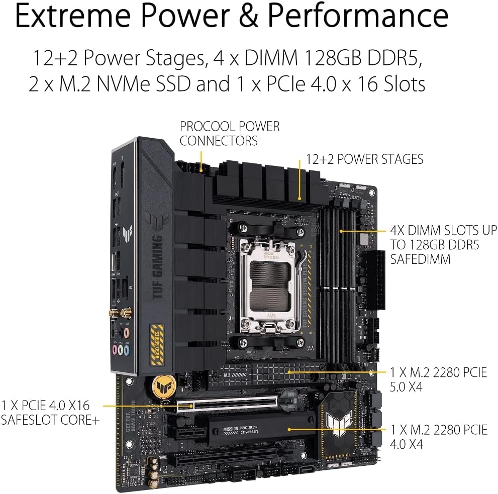 ASUS TUF Gaming B650M-PLUS WiFi AMD B650 AM5 Ryzen™ Desktop 9000 8000 and 7000 ATX Motherboard, 14 Power Stages, PCIe® 5.0 M.2, DDR5 Memory, 2.5 Gb Ethernet, USB4® Support Aura Sync