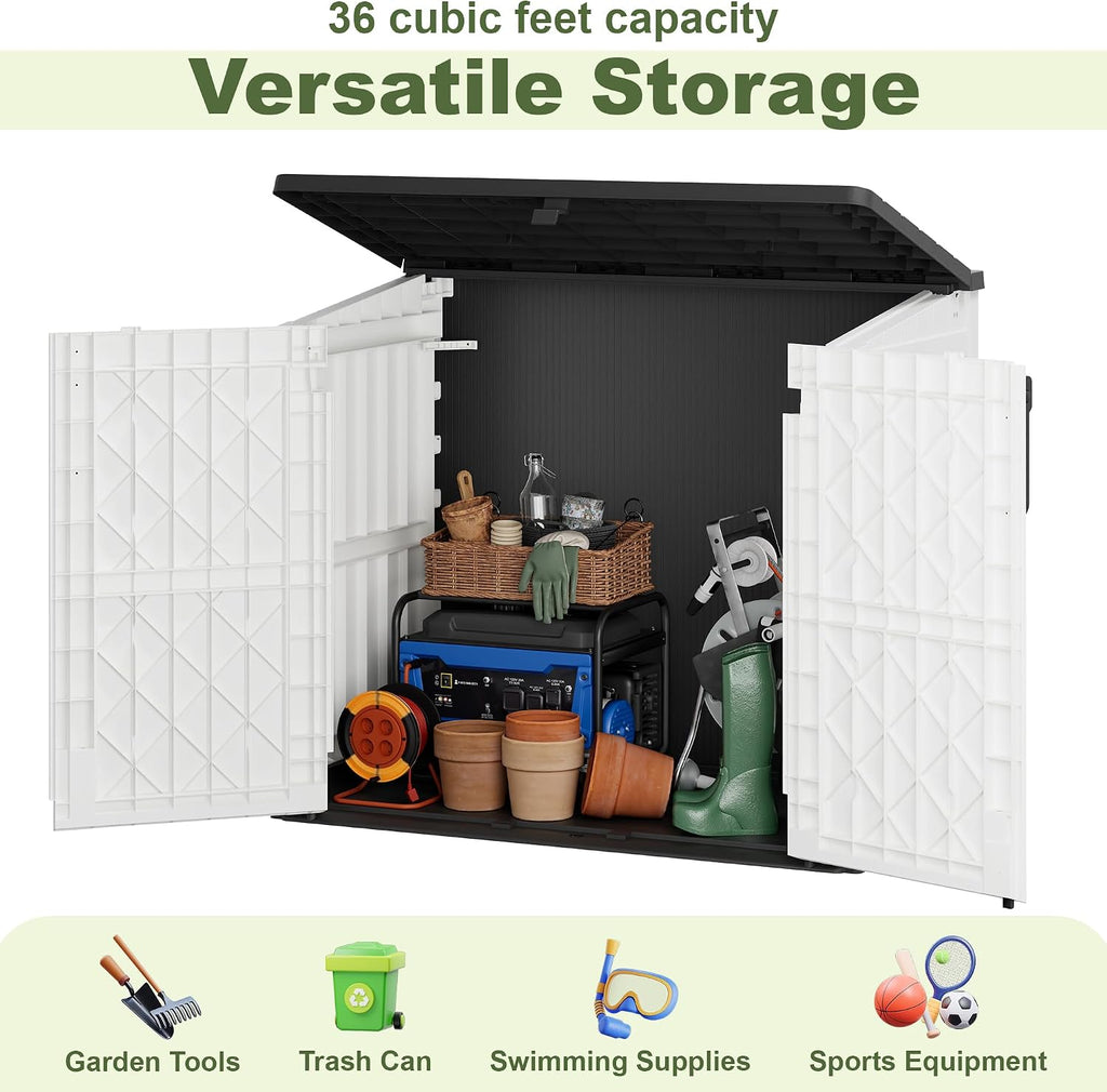 Plastic Outdoor Storage Shed, 36 Cu Ft Waterproof Outdoor Storage Cabinet with Dual Lock Door for Backyard, Patio, Garage, Garden to Store Tools & Accessories, Wood-Grain（Ashen