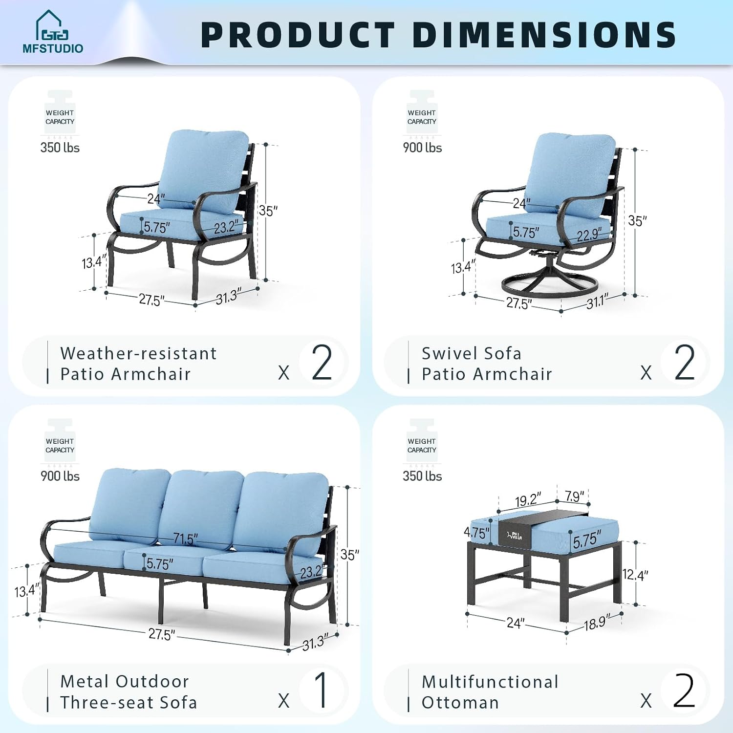 MFSTUDIO 7 Pieces Metal Patio Furniture Sets, 2 Swivel Chairs, 3-Seat Deep Seating Sofa, 2 Single Couch and 2 Ottoman, All Weather 9 Seats Outdoor Conversation Set for Garden Backyard, Blue Cushion