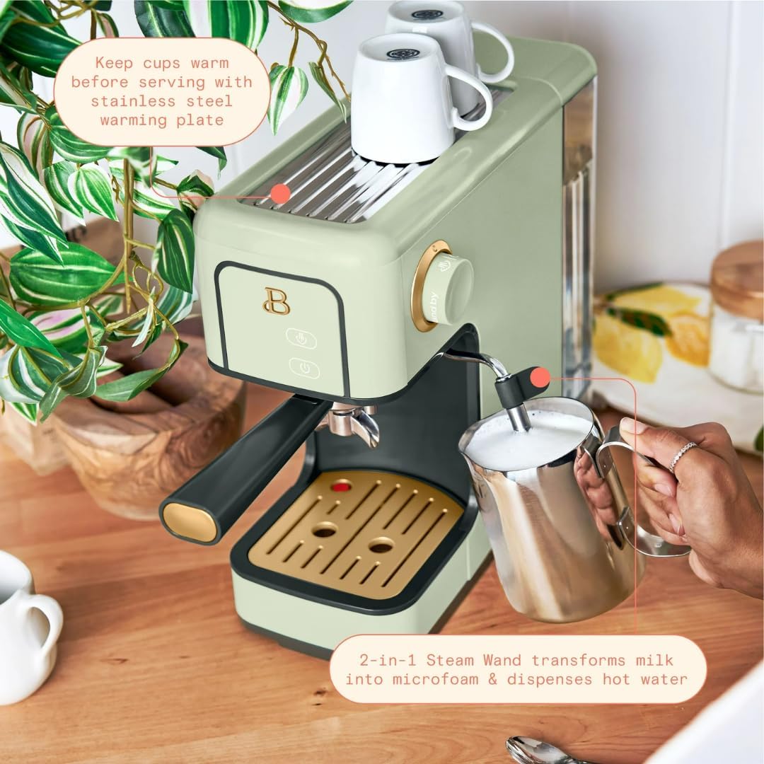 Slim Espresso Maker – 20‑Bar Pressure, Dual‑Spout 52 mm Portafilter, 50 oz Removable Tank, 2‑in‑1 Steam Wand & Touch Controls (Sage Green)