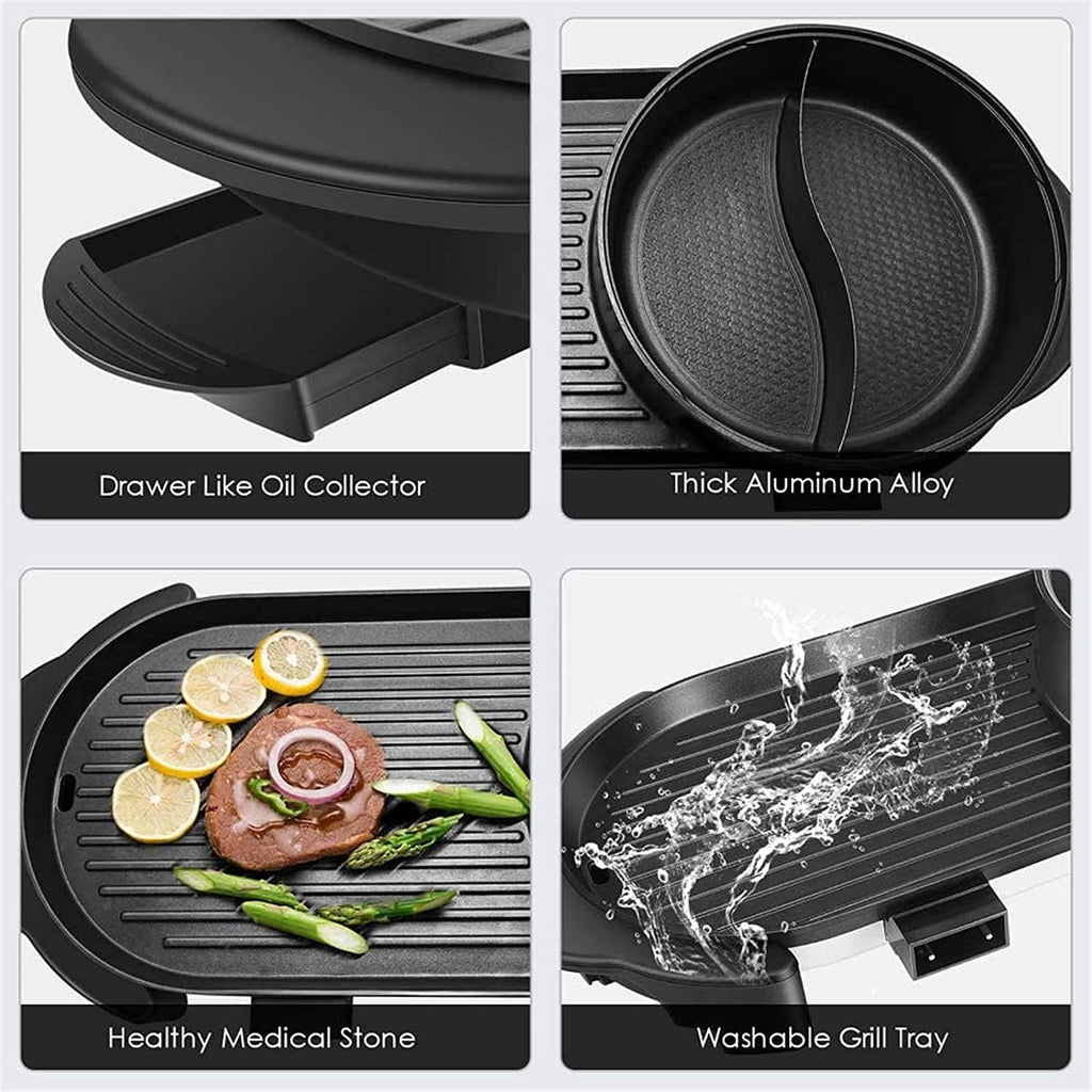 Portable Electric Grill,2 in 1 Electric BBQ Hot Pot Dual Pot,Multifunctional Non-Stick Pan Electric Cooker with 5 Temperature Adjustments
