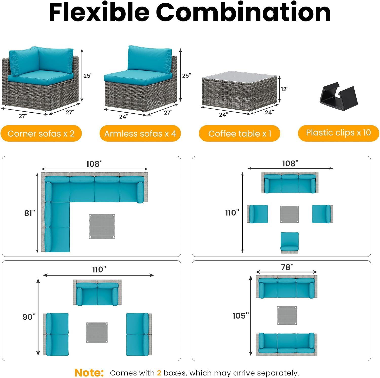 Wisteria Lane 7 Pieces Outdoor Patio Furniture Set, Wicker Outdoor Patio Sectional Sofas with Coffee Table, All-Weather Patio Conversation Set for Backyard Garden, Light Blue