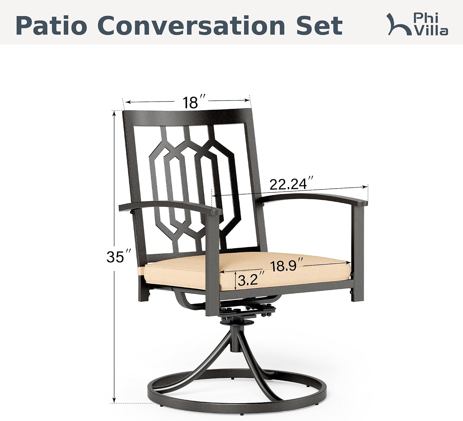 PHI VILLA Outdoor Metal Swivel Chairs Set of 4 Patio Dining Rocker Chair with Cushion Furniture Set for Garden Backyard Bistro, Black