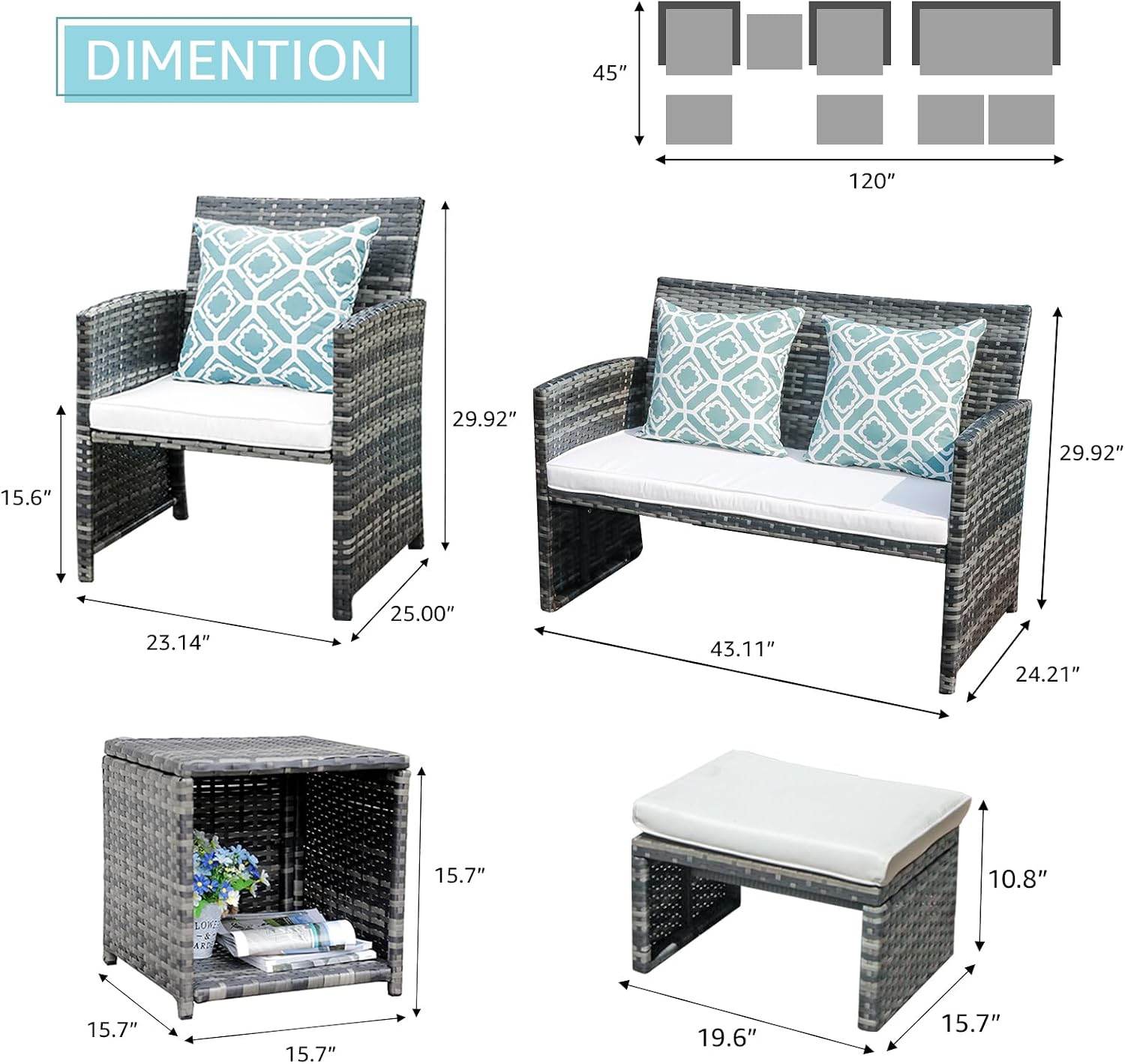 OC Orange-Casual Patio Furniture Sets,8 Pieces Conversation Set, Outdoor Wicker Bistro Set, All Weather Sectional Loveseat Chairs with Ottoman & Coffee Table, Grey Rattan with White Cushion
